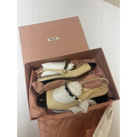 MIU MIU Leather Trimmed Raffia Slingback Pumps Naturals Size 39 NWT - Picture 4 of 7